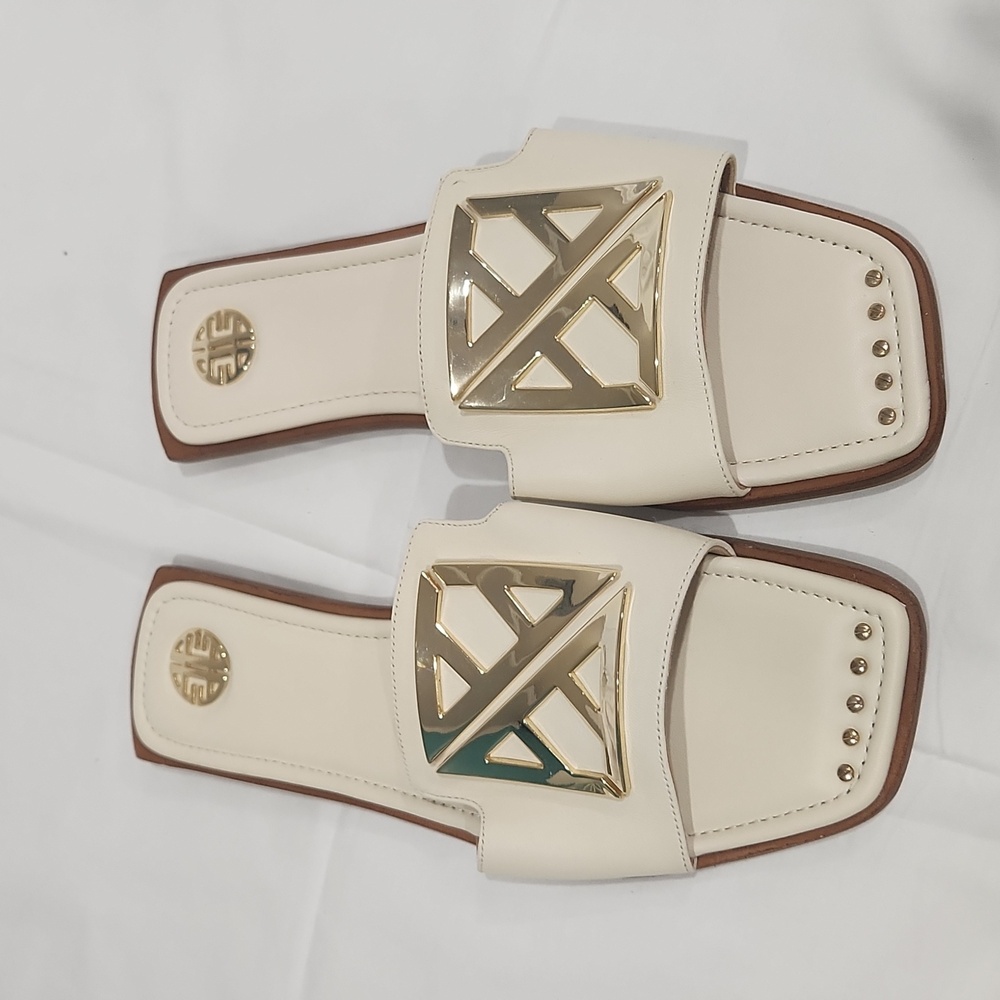 Aidyn Leather Hardware Ornamented Flat Slides Size 7.5